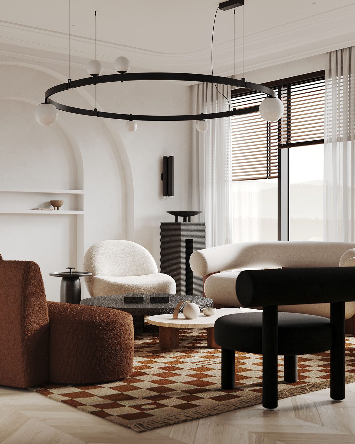 Η γλυπτική διακόσμηση τοίχου σαλονιού σπάει τον μαύρο τοίχο με μια μαγευτική πισίνα λευκού.